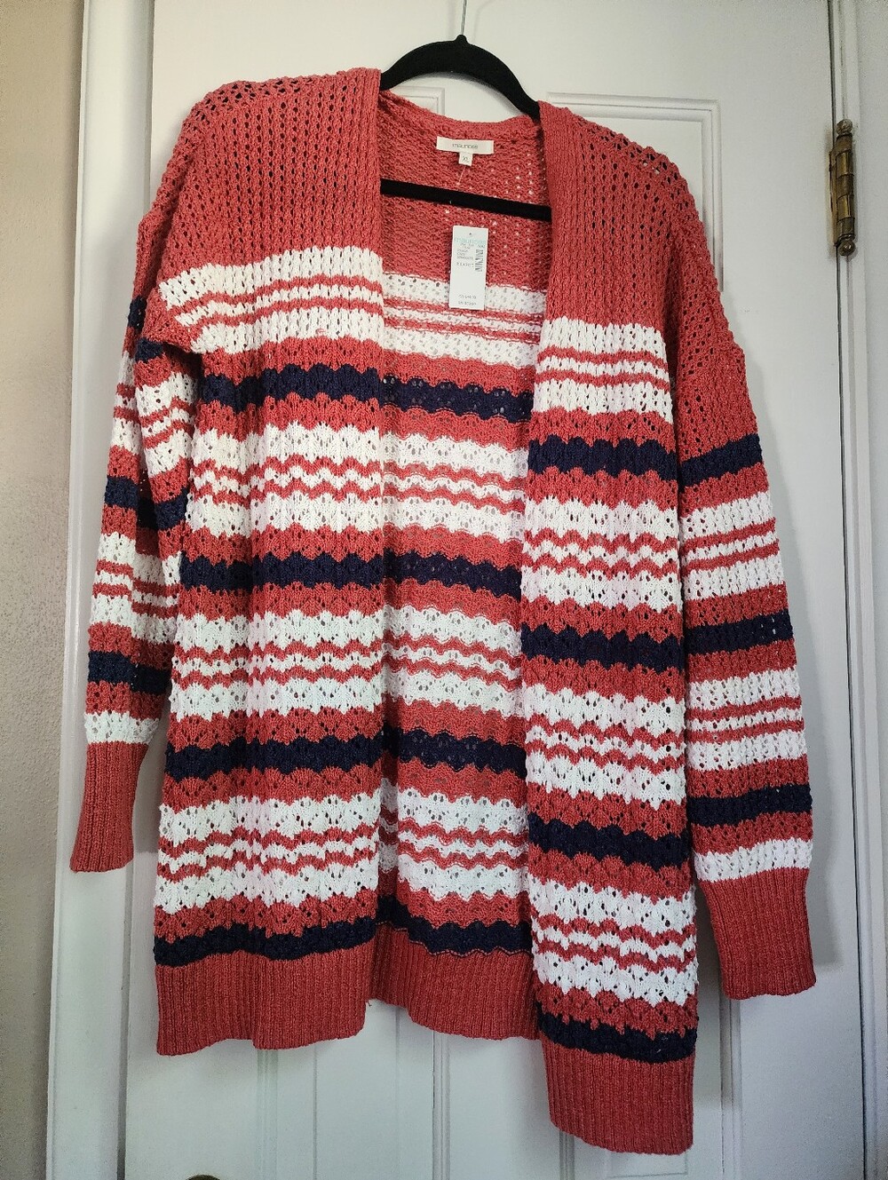 Maurices Coral, White & Navy Open-Front Striped Crochet Cardigan